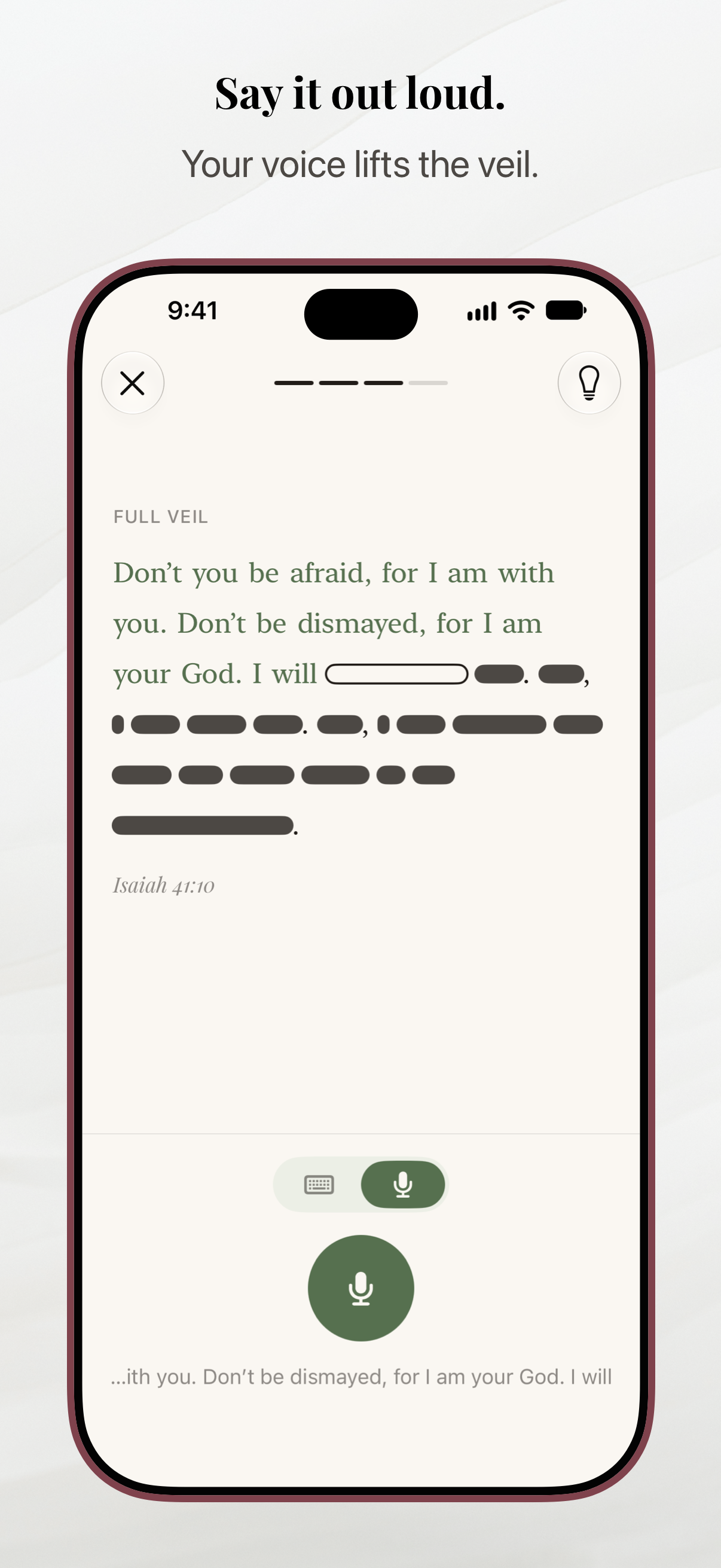 Say it out loud. Spoken words appear during voice practice of Isaiah 41:10.