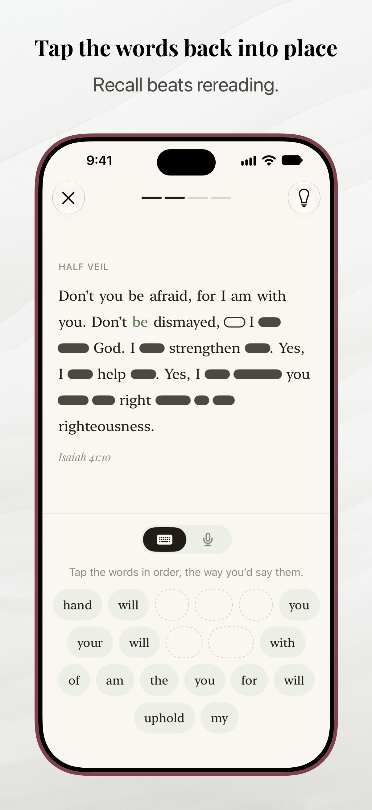 Tap the words back into place. Missing words from Isaiah 41:10 appear as selectable tiles.