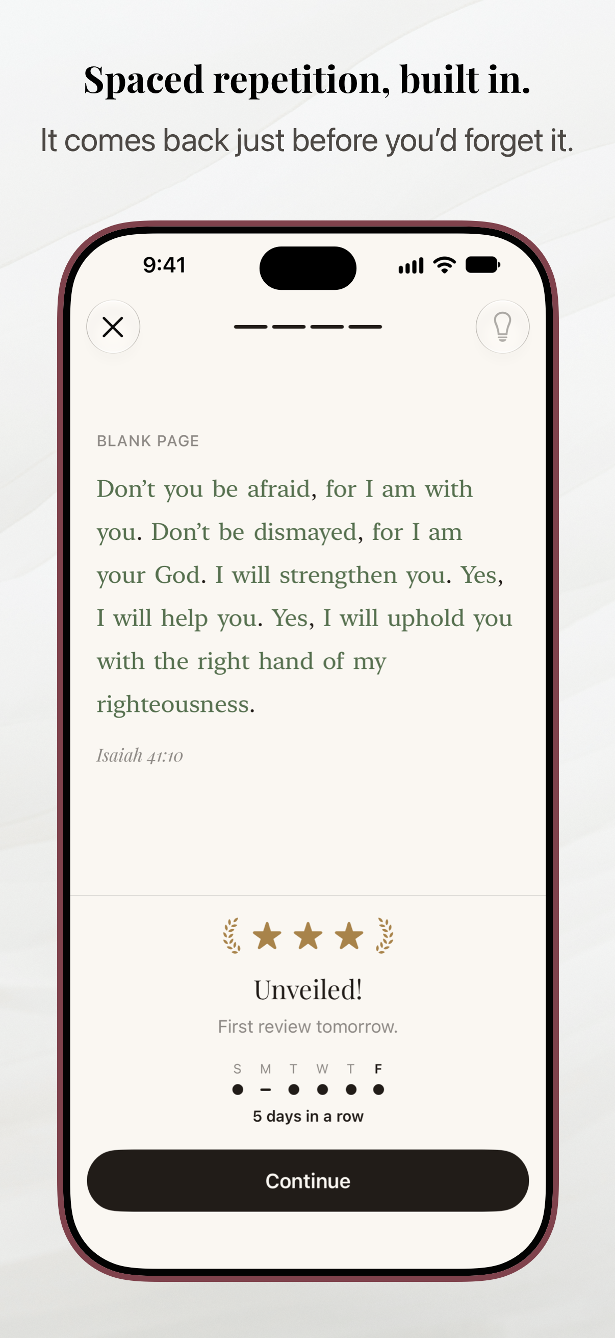Spaced repetition, built in. A completed verse earns three stars, with its first review tomorrow.