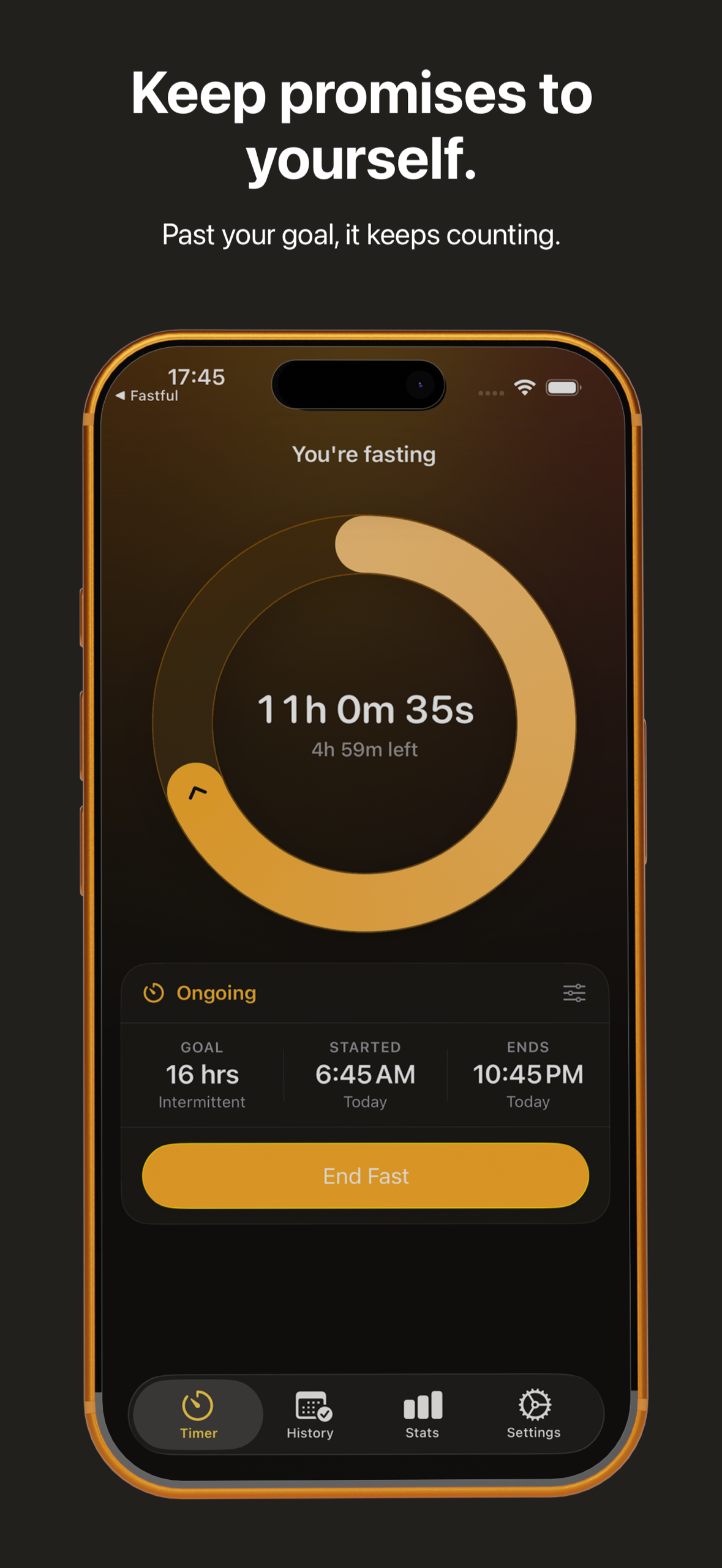 Fastful timer showing an ongoing 16-hour fast. Keep promises to yourself.