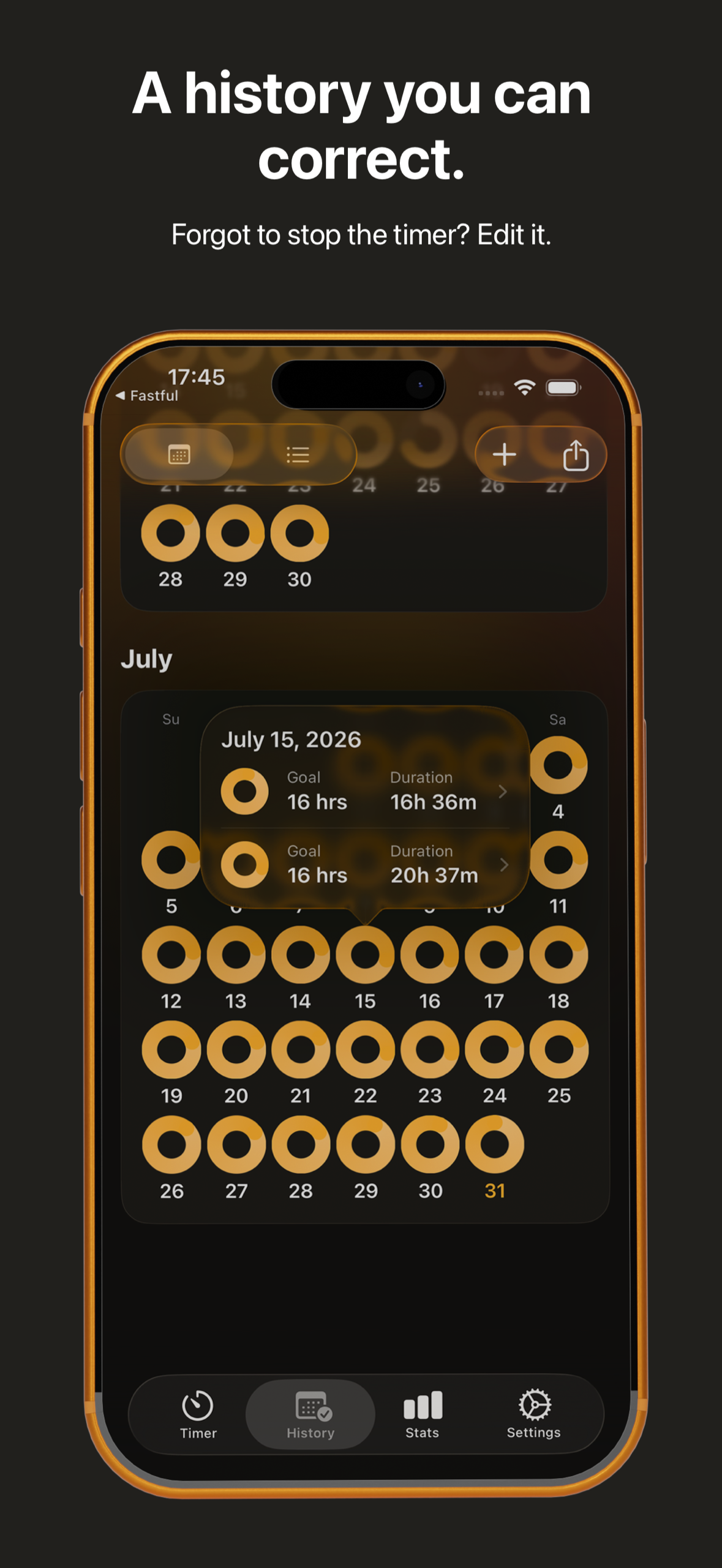 Fastful calendar history with an editable fast. A history you can correct.
