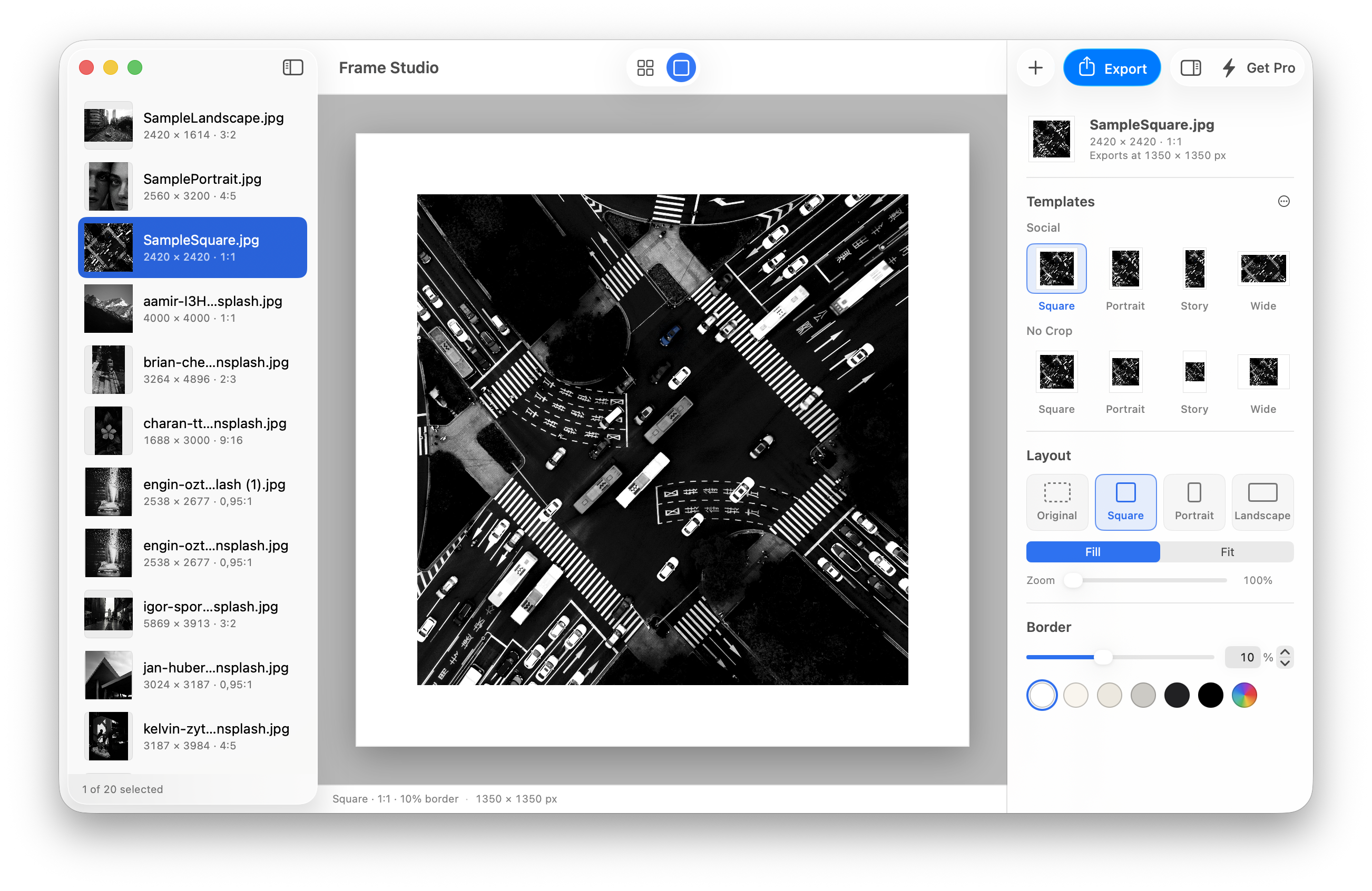 Frame Studio Pro showing a framed photo with the inspector open
