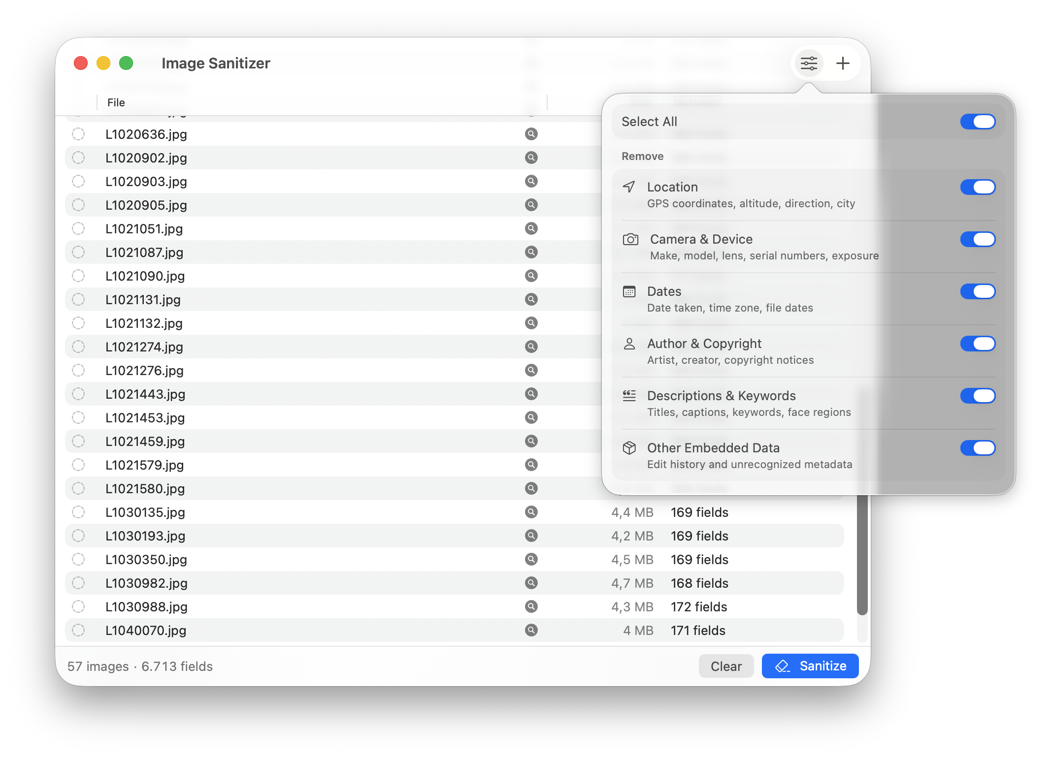 Image Sanitizer listing photos with how many metadata fields each one carries