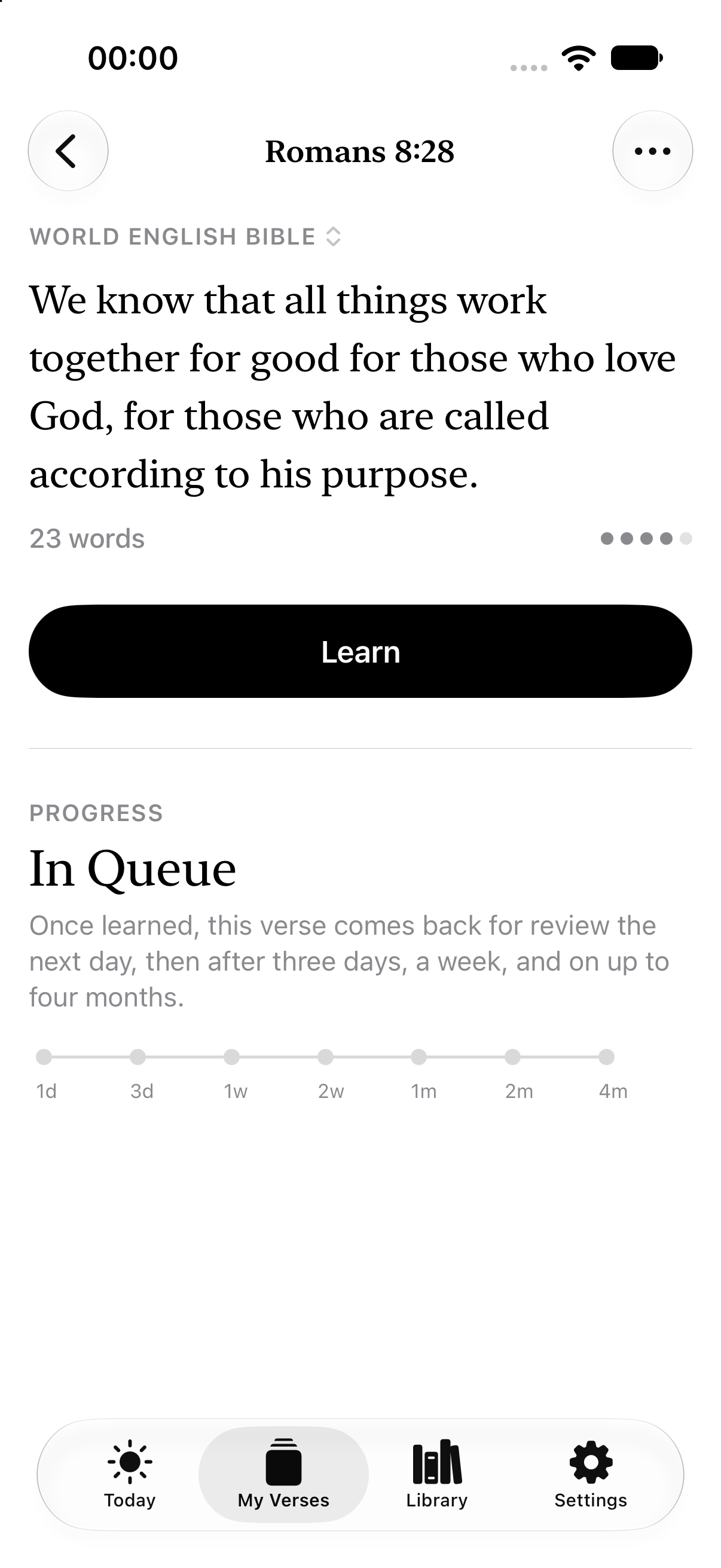 Romans 8:28 with its review schedule, from one day to four months. Reviews on the right days.