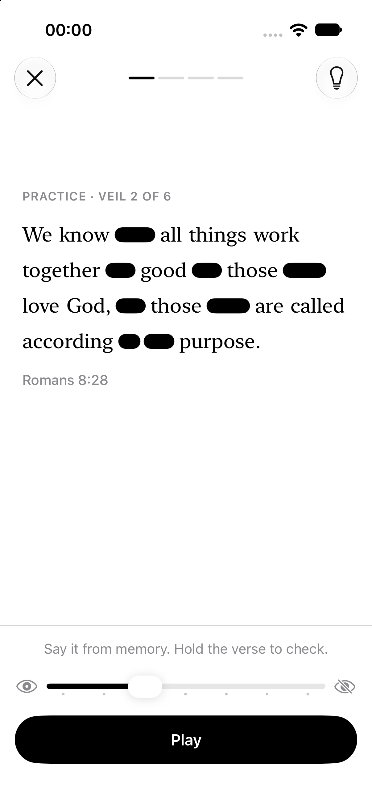 Practicing Romans 8:28 with a slider that veils a few words at a time. Say it from memory.