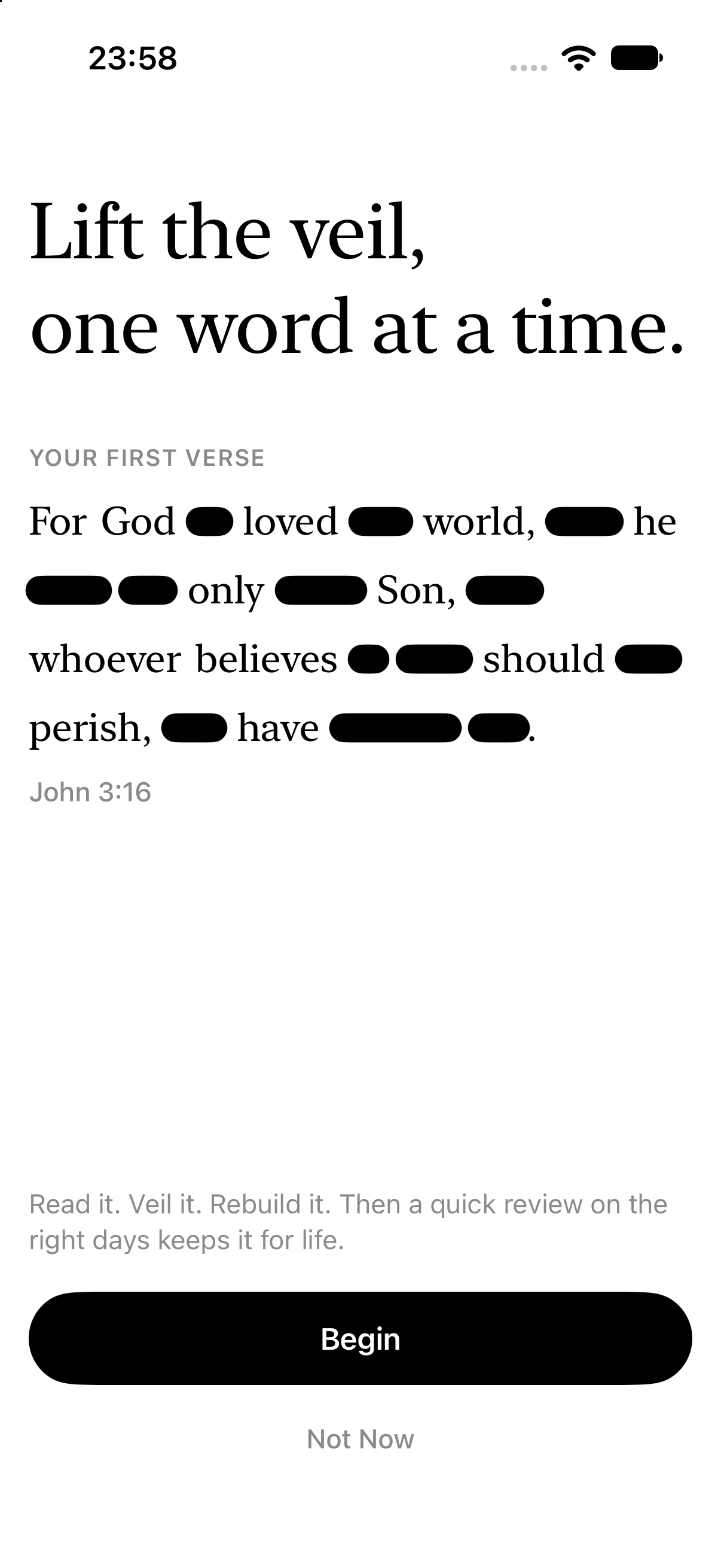 John 3:16 with a few words veiled. Lift the veil, one word at a time.